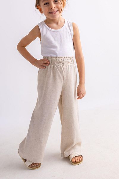 Oliven The Kid Beige Linen Ruffle Waist Elastic Wide Leg Girls' Trousers