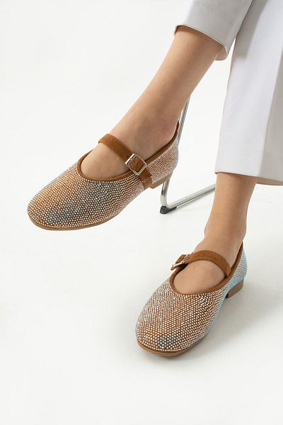Neva'nın Butiği Glitter Round Toe Flat Sole Tape Detailed Stone Daily Use Ballerinas - Brown