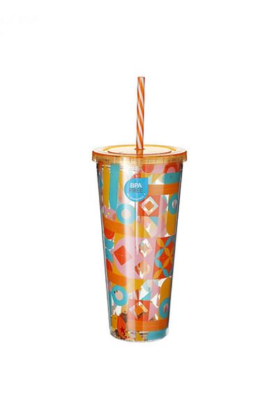 Miniso Colorful Plastic Drinking Cup with Double Wall Straw Geometric Design - 660ml