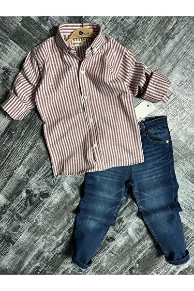 ELONKİDS طقم قميص وبنطلون كتان مخطط