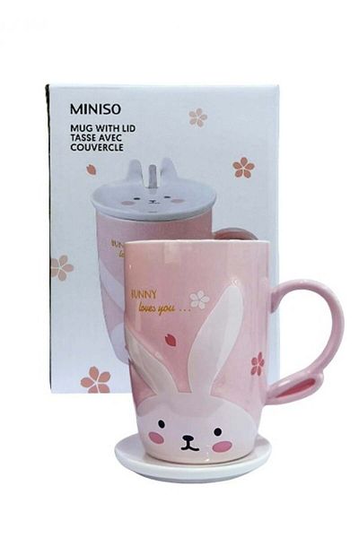 Miniso Cute Rabbit Mug with Lid 400ml - Pink
