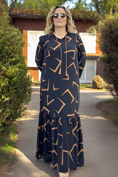 yagmurberen SLEEVE MOUTHS ELASTIC TASSEL DETAIL LARGE SIZE COTTON VISKOSE DRESS