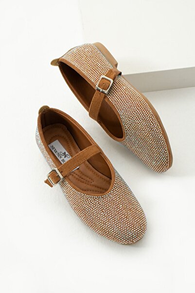Neva'nın Butiği Glitter Round Toe Flat Sole Tape Λεπτομερείς πέτρες καθημερινής χρήσης μπαλαρίνες - καφέ