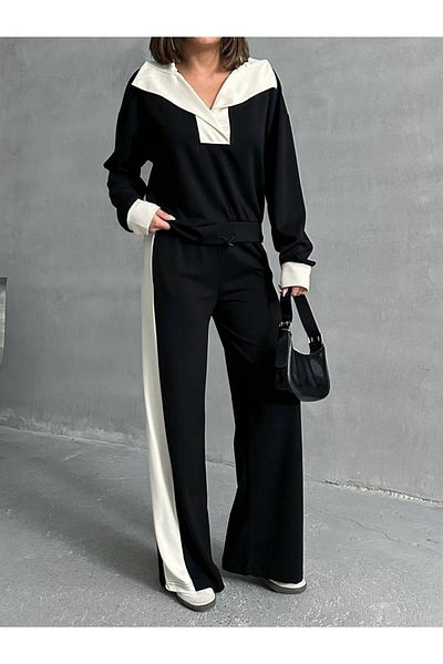 BE CHİC Women's High Waist Modal Kumaş Palazzo Pants and V-Neck Salaza Blouse 2 Para Suit G9000