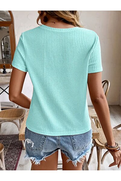 caddekombin Kadın Kısa Kol Waffle Kumaş Bisiklet Yaka Mint Yeşili Tshirt