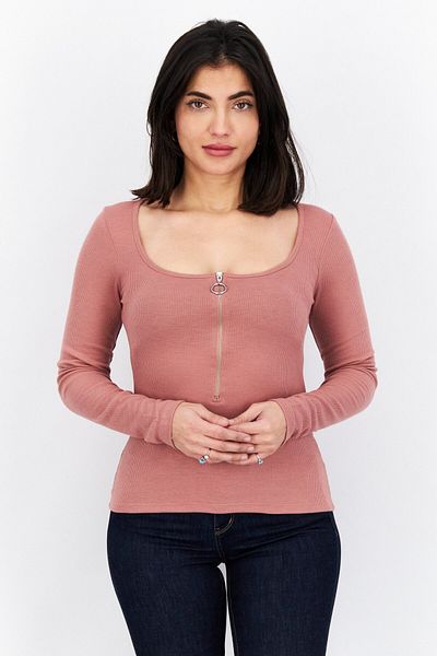NA-KD Women Scoop Neck Long Sleeves Plain Blouse, Dusty Pink