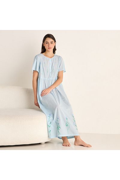 FAV Embroidered Night Dress with Round Neck and Short Sleeves