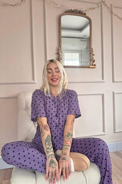 Pijamaevi Mor Chic Polka Desenli Bambu Önden Düğmeli Kısa Kol Pijama Takımı