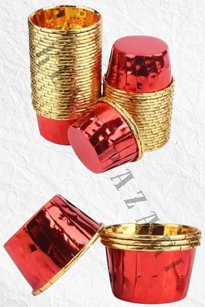 Kent Pazarı 48 Pieces Aluminum Foil Paper Cake Mold Red Birthday Muffin Cake and Paper