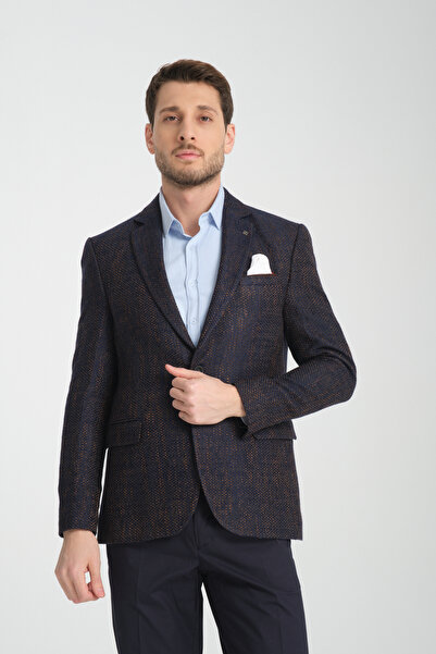 Frappoli Boris Erkek Lacivert-Kahve Desenli Mono Yaka Kalin Slim Fit Dar Kesim Blazer Ceket