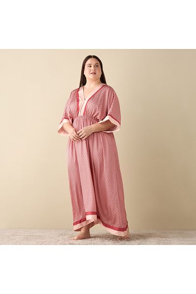 FAV All-Over Print Satin Kaftan Night Gown with V-neck