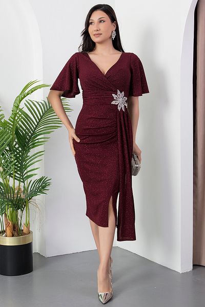 PULLIMM Double Breasted Neckline Waist Flower Stone Dress 39937