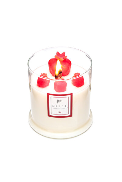 Missi Büyük Üfleme Cam Ahşap Fitilli Nar Vegan Mum (380 GR)