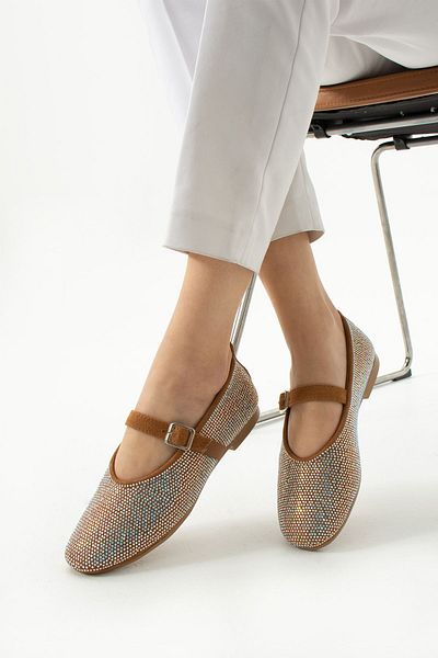 Neva'nın Butiği Glitter Round Toe Flat Sole Tape Detailed Stone Daily Use Ballerinas - Brown