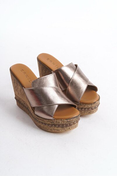 ERNİLA Ilya Platinum Genuine Leather Wedge Heel Women's Slippers