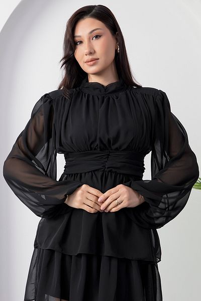 PULLIMM Long Sleeve Skirt Layered Chiffon Dress Ny4518