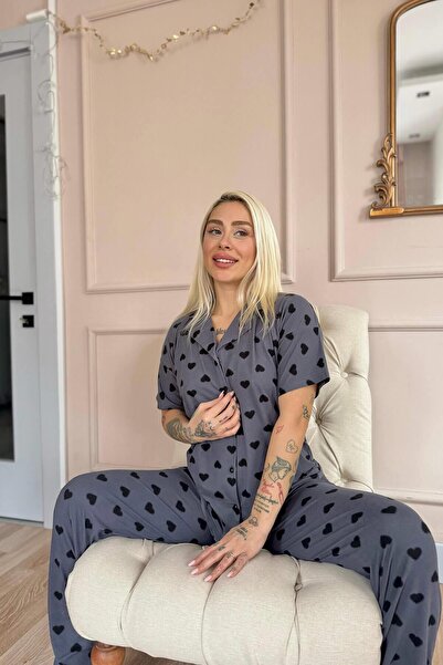 Pijamaevi Füme Berry Love Desenli Bambu Önden Düğmeli Kısa Kol Pijama Takımı