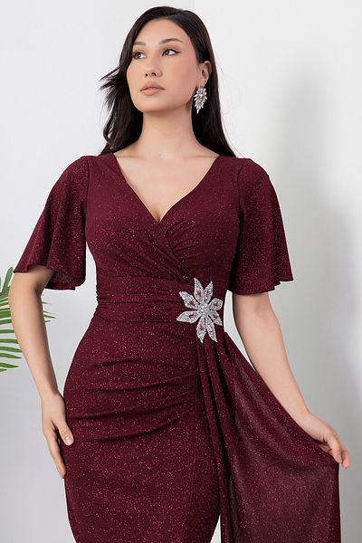 PULLIMM Double Breasted Neckline Waist Flower Stone Dress 39937
