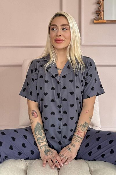 Pijamaevi Smoked Berry Love Patterned Bamboo Front Buttoned Short Sleeve Pajama Set
