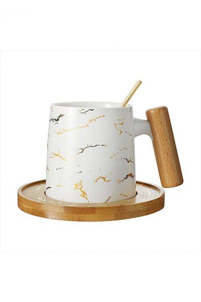 Miniso Marble Ceramic Mug with Wood Handle with Coaster & Spoon, 235mL (White)