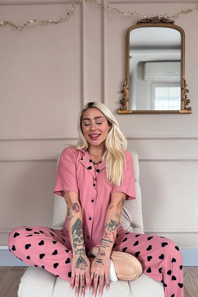 Pijamaevi Sada pyžama s krátkým rukávem s krátkým rukávem a bambusovým předním knoflíkem s měkkým vzorem lososa