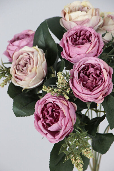 Yapay Çiçek Deposu Изкуствени цветя 9 стръка Meilland Chip Rose букет лилаво-кремав