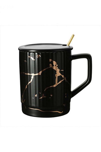 Miniso Marble Ceramic Mug with Lid & Spoon, 380mL (Black)