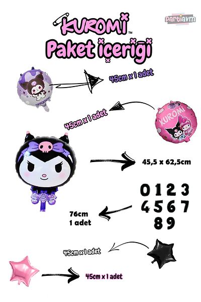 PARTİAVM 5 Years Old Kuromi Theme Balloon Pink Black Star Foil Balloon - Black Number Balloon and Printed Foil Balloon