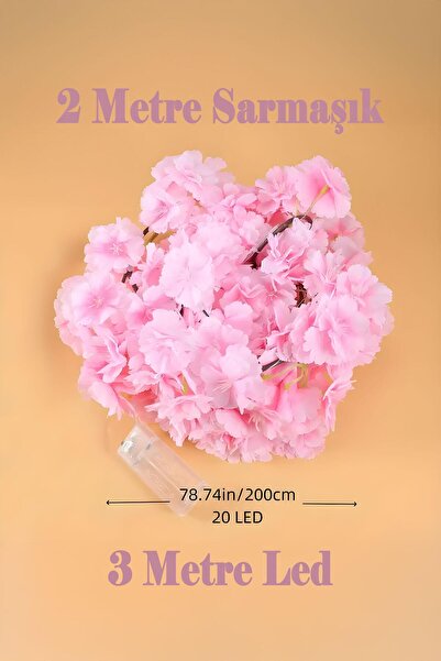 Buka Shops Pembe Kiraz Çiçeği Sarmaşığı ve 3 Metre LED Işık Seti - Yapay Çiçek Sarmaşık - 1,85 Metre Çiçek
