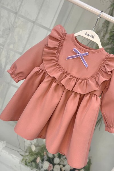 Bertuğ Bebek Ruffles and Ribbon Detailed Salmon Crepe Girls' Dress Special Occasion Birthday Dresses