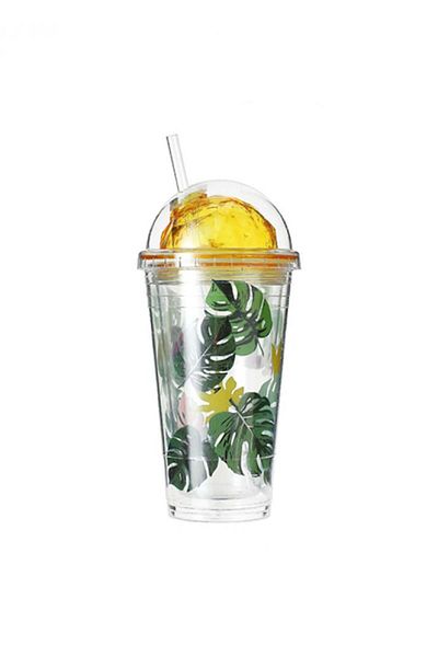 Miniso زجاجة بلاستيكية بطبعة Monstera Deliciosa من سلسلة الغابات الاستوائية مع قشة، 450 مل (غطاء أصفر)