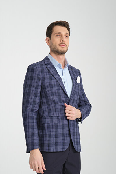 Frappoli Galileo Erkek İndigo Kareli Ekoseli Mono Yaka Esnemeyen Kumaş Kalın Kumaş Slim Fit Blazer Ceket
