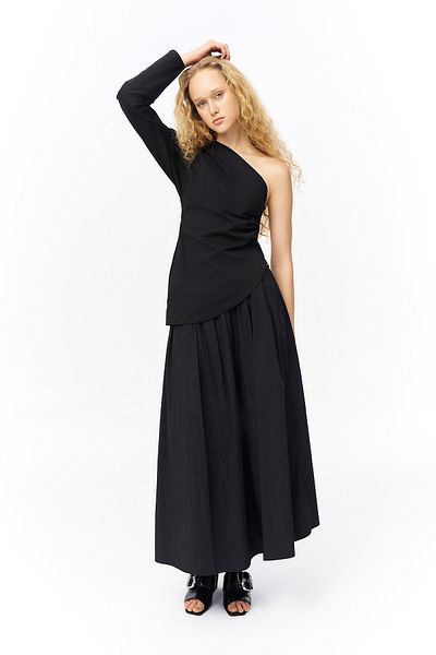 Quzu Black One Shoulder Draped Detail Blouse