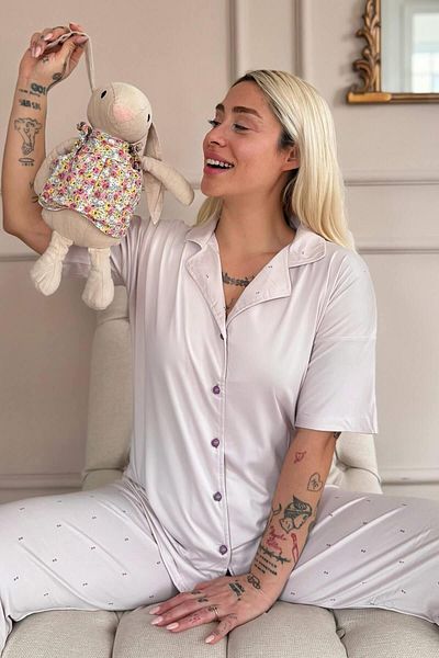 Pijamaevi Beige Blush Dots Patterned Bamboo Front Buttoned Short Sleeve Pajama Set