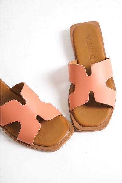 Mubiano Mbgvn656pdr Genuine Leather Women's Powder Flat Slippers