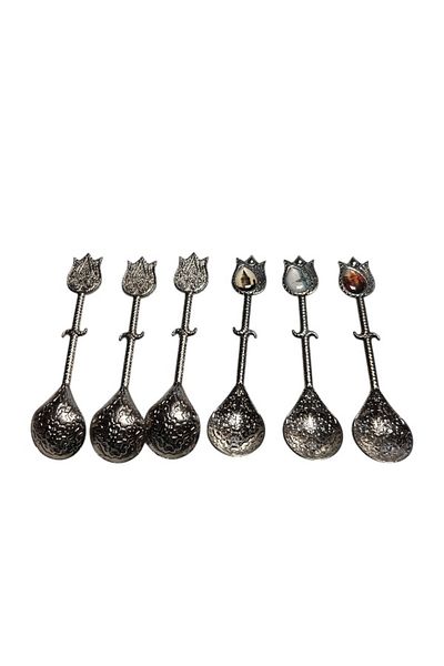 onyyapim Vintage 6-Piece Tulip Shape Silver Colored Pictorial Tea Coffee Jam Spice Presentation Spoon
