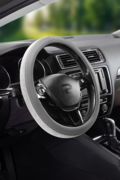 wimbledon Parlak Gümüş Taşlı Oto Geçmeli Direksiyon Kılıfı - Koyu Gri