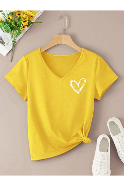 mercoledi Tricou oversize cu decolteu în V cu imprimeu inimă Loose Boyfirend