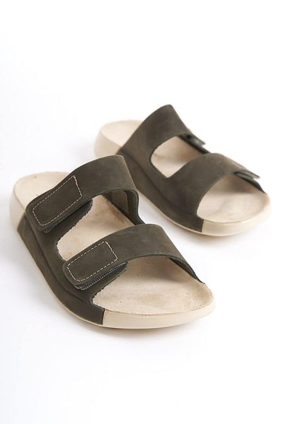Mubiano Papuci de vară din piele naturală pentru femei, cu bandă dublă, cu talpă specială din nubuc, kaki - Mssr26-hk