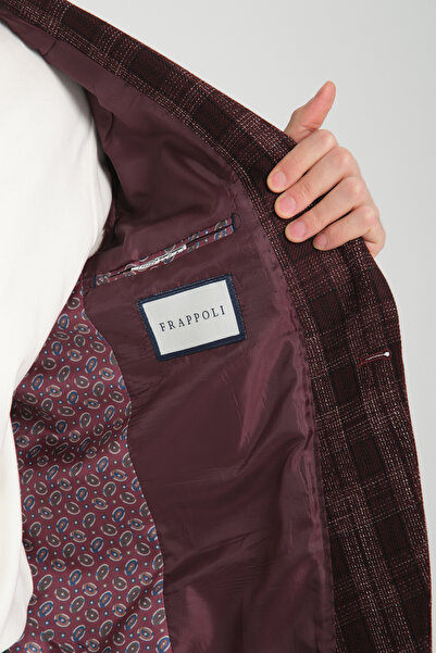 Frappoli Galileo Erkek Bordo Kareli Ekoseli Mono Yaka Esnemeyen Kumaş Kalın Kumaş Slim Fit Blazer Ceket