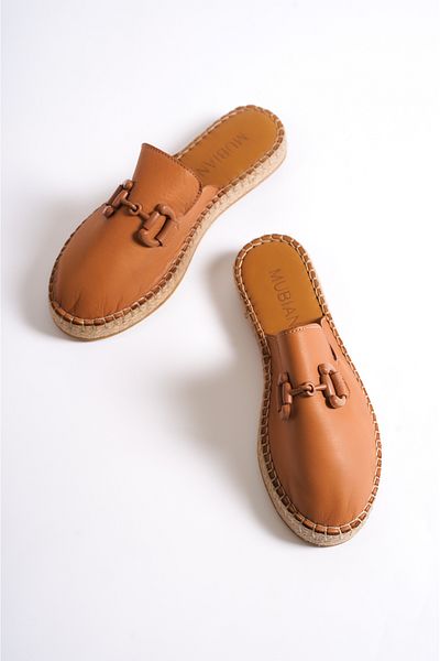 Mubiano 23084-tb Genuine Leather Tan Buckle Detail Women's Espadrille Sandals & Slippers