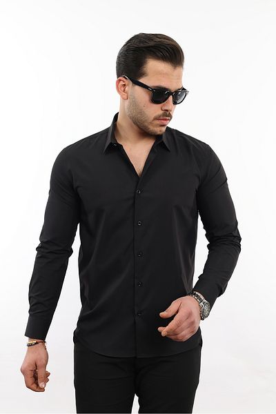 TOUSUS Черна мъжка риза Slim Fit - дълъг ръкав, лесно гладене, държач за вратовръзка, 4 Seasons SLM-5110-TSS