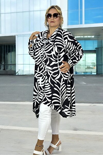yagmurberen Patterned Asymmetrical Cut Tunic Dress - Long Sleeve, Buttoned Front, Oversize