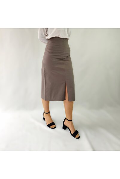 YAXİ Front Slit Midi Length Woven Khaki Skirt