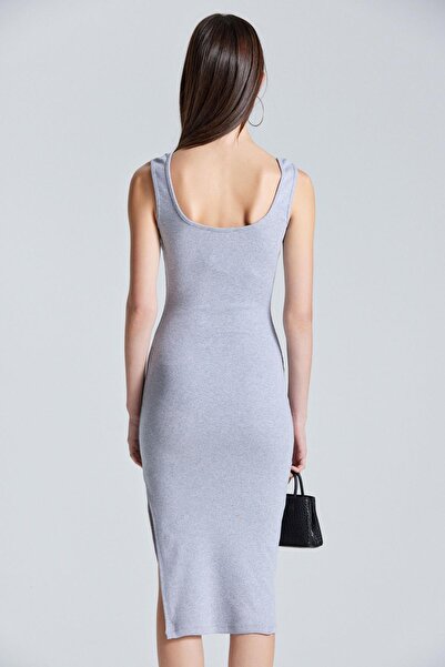 World Fashion Trends 2467 Gray Dress with Straps and Slit Detail