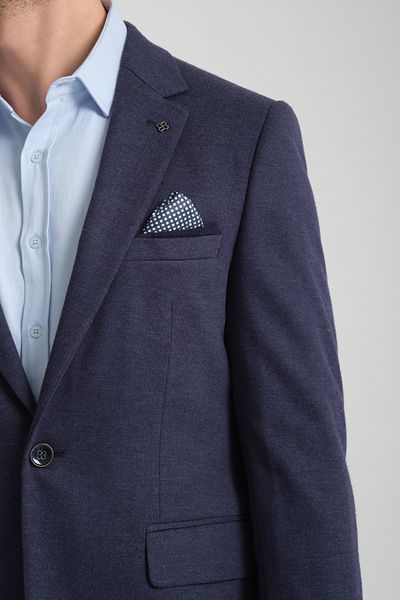 Frappoli Valentye Men's Light Navy Solid Stretchy Knitted Fabric Slim Fit Slim Fit Mono Collar Blazer Jacket