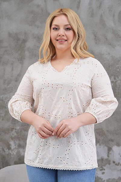 Siyezen Plus Size Scallop Detailed Balloon Sleeve Blouse