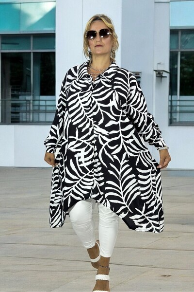 yagmurberen Patterned Asymmetrical Cut Tunic Dress - Long Sleeve, Buttoned Front, Oversize