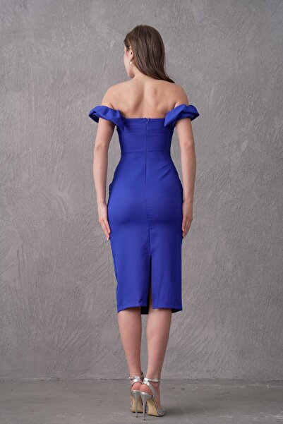 bayansepeti Синя атласна тканина, без бретелей, дерев'яна спідниця міді, вечірня сукня з розрізом