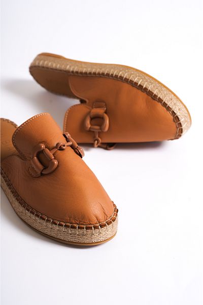 Mubiano 23084-tb Genuine Leather Tan Buckle Detail Women's Espadrille Sandals & Slippers